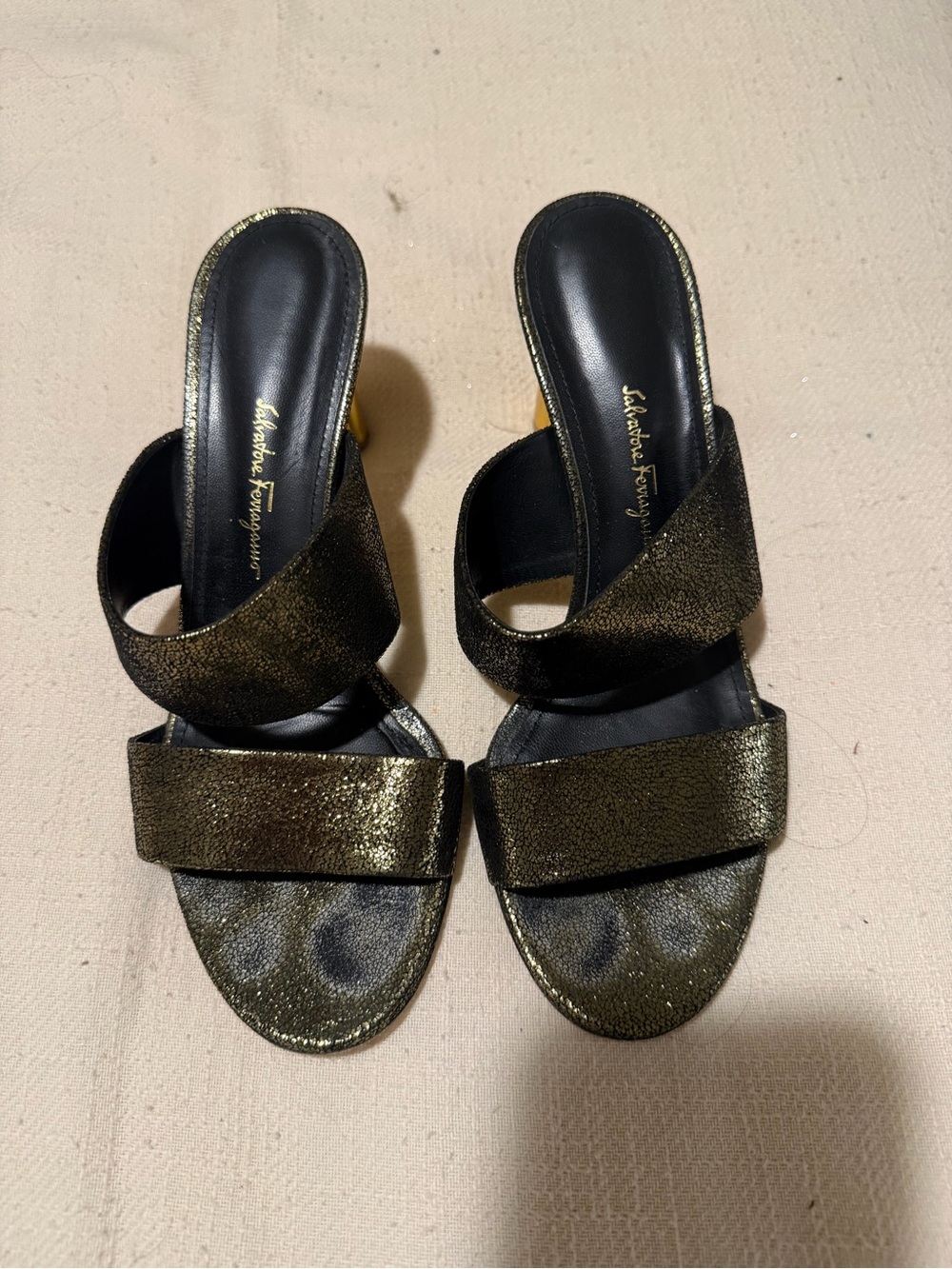 Salvatore Ferragamo Metallic Bronze Double-Strap Slide Mules